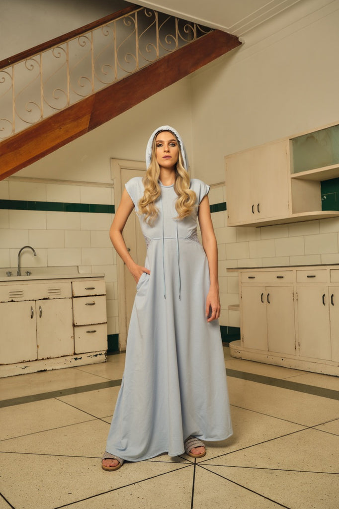 Lace Grab & Go Hoodie Dress in sky